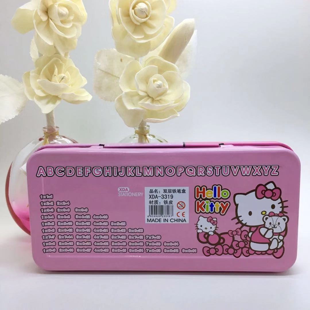 (HELLO KITTY)Cartoon Double Layer Iron Box Stationery Pencil Box(Include Stationery)